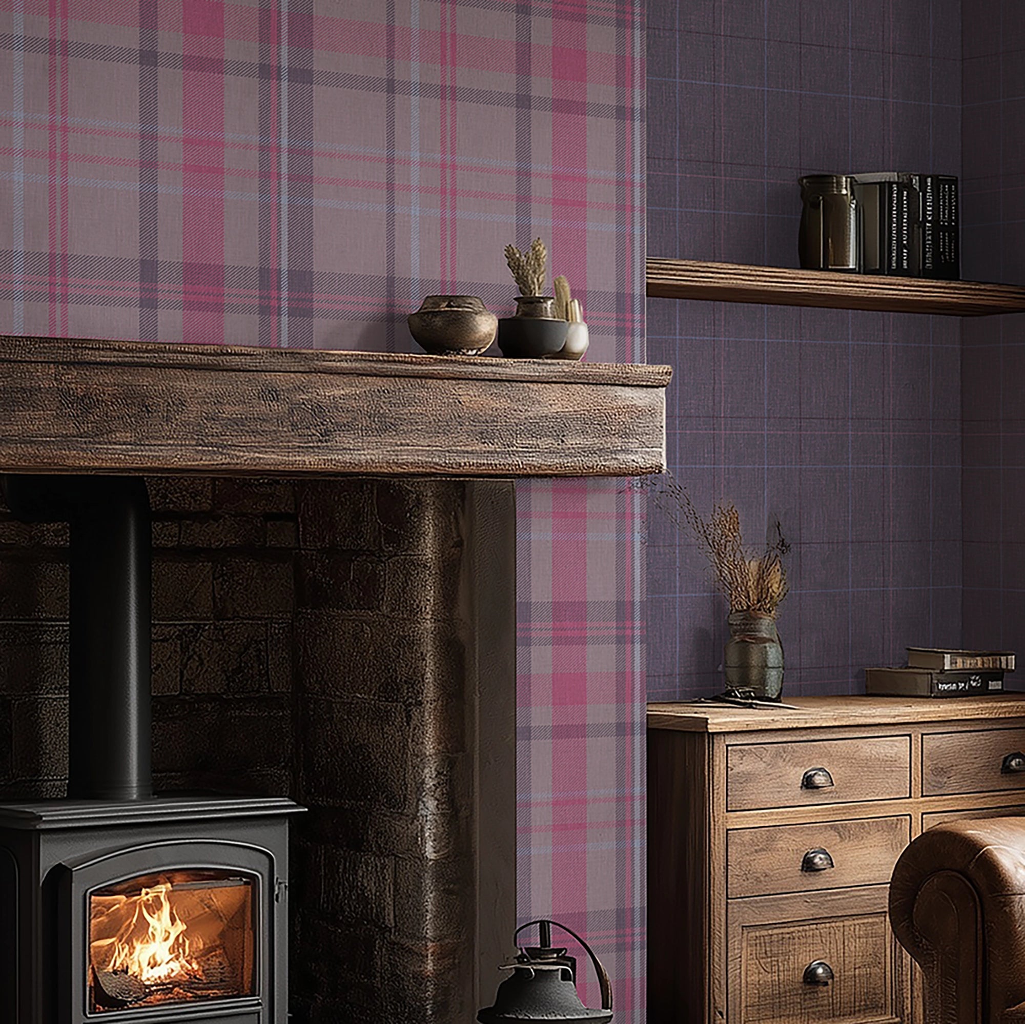 Royal Check Wallpaper in Rich Plum, Heather and Pink