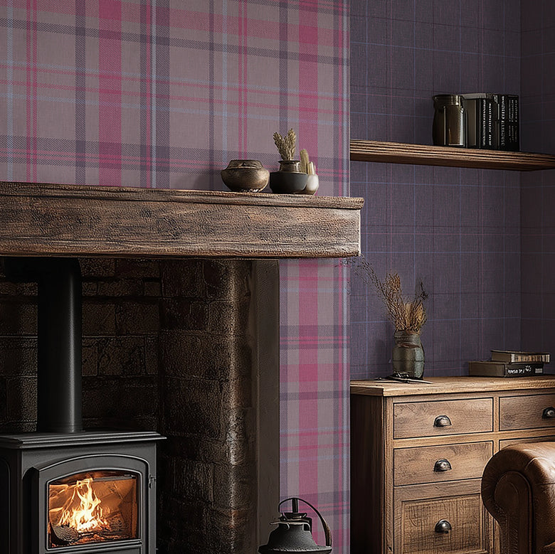 Royal Check Wallpaper in Rich Plum, Heather and Pink
