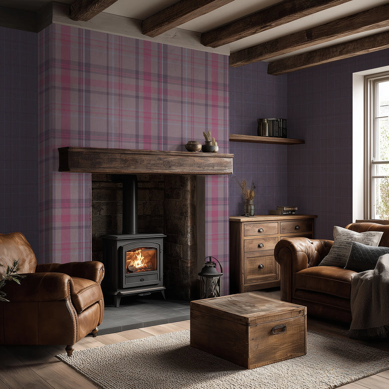 Royal Check Wallpaper in Rich Plum, Heather and Pink