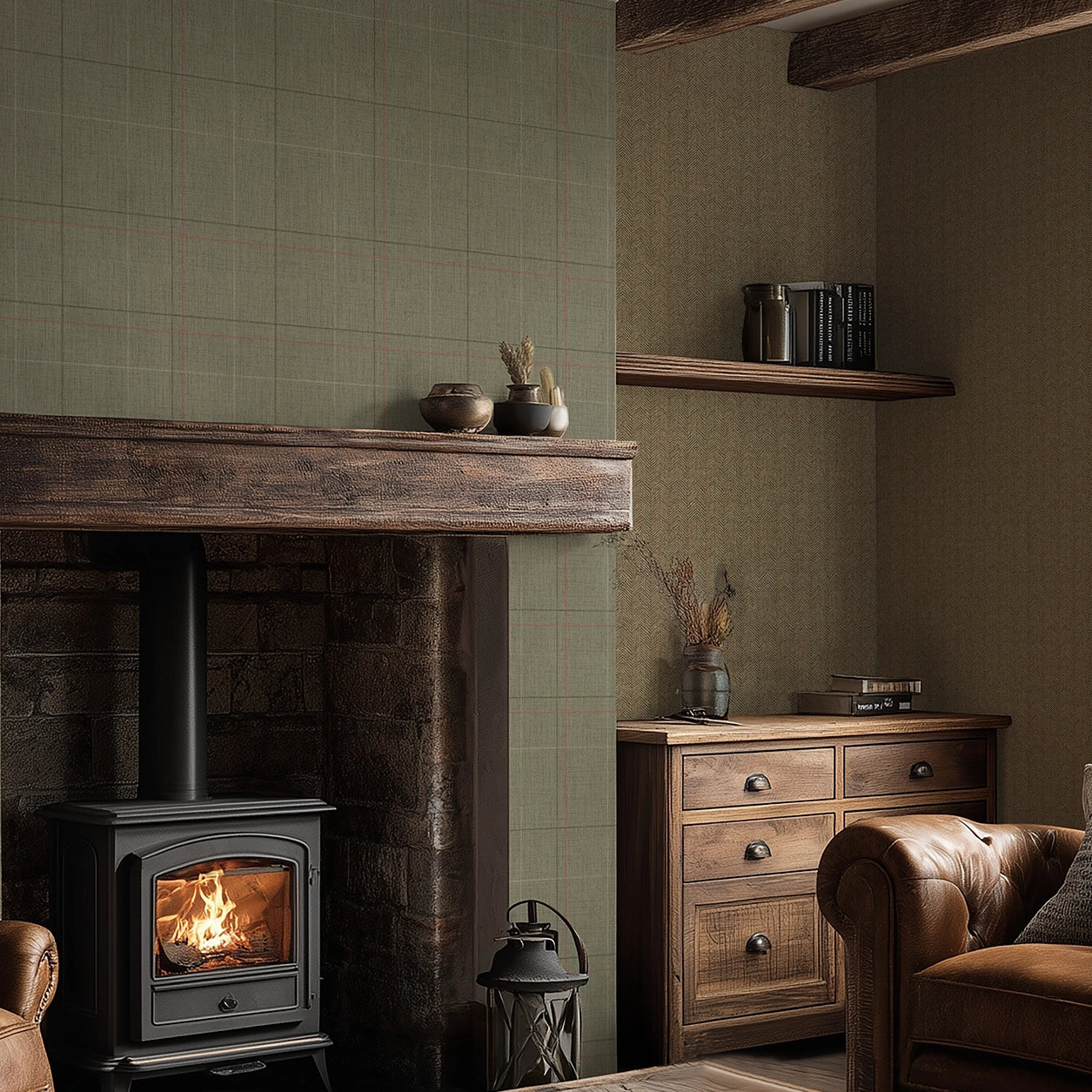 Royal Herringbone Wallpaper in Light Bracken Green