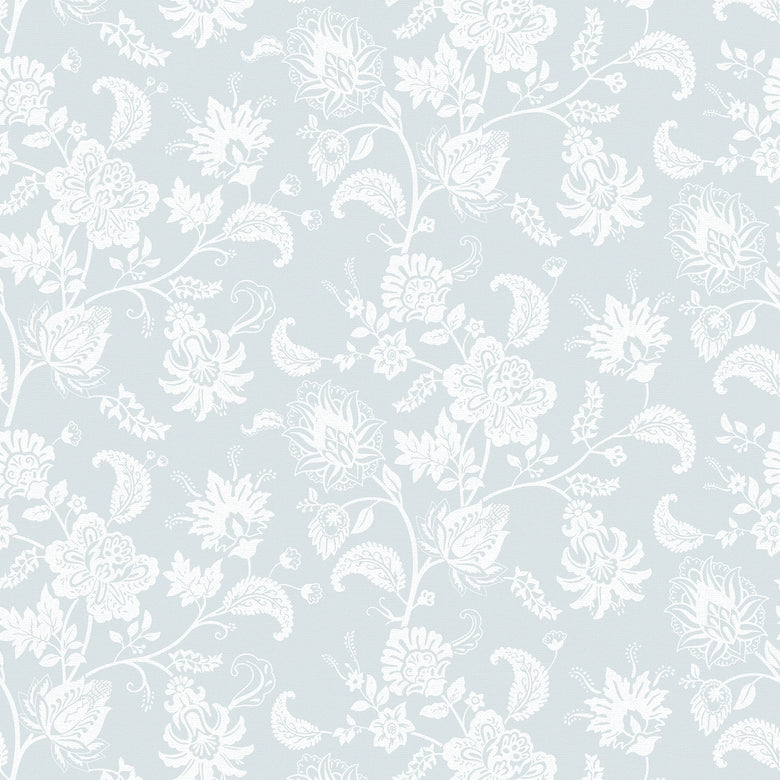 Balmoral Baroque Wallpaper in Milk White on Blue