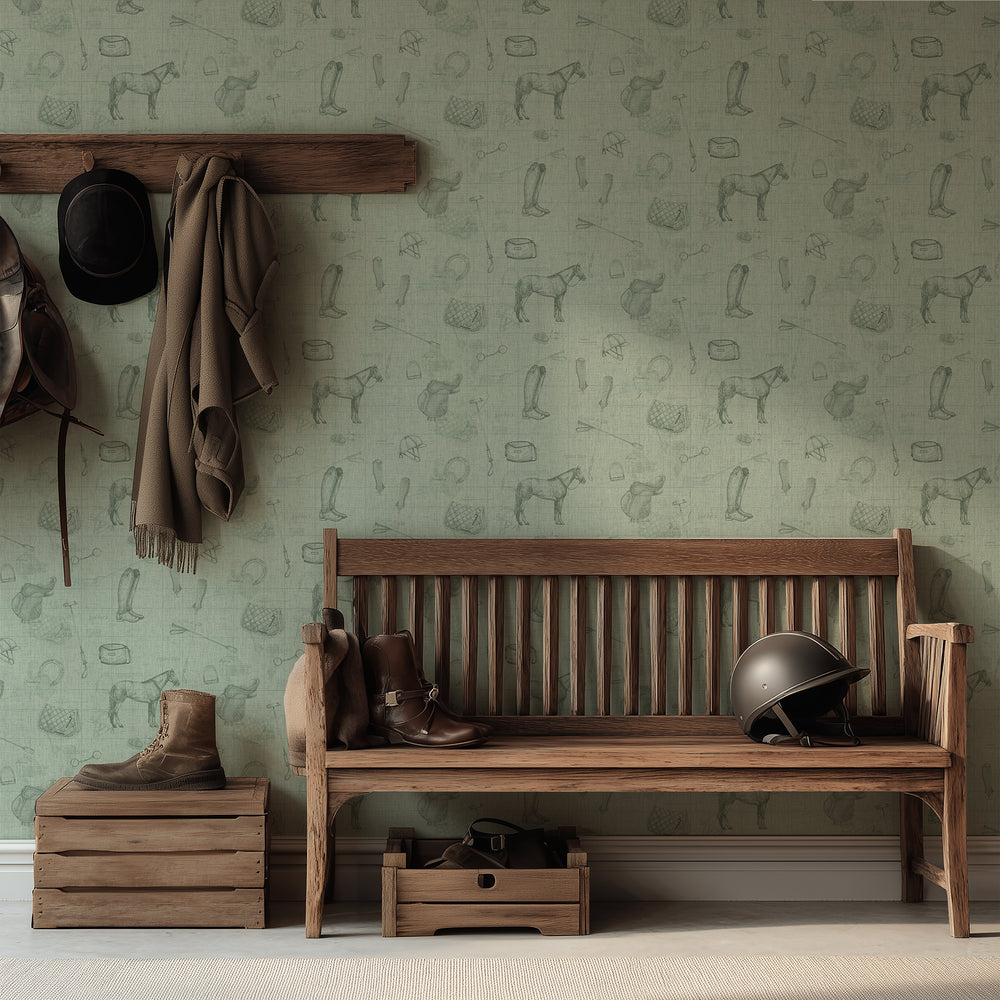 Vintage Sport Sketch Wallpaper in Sage and Green