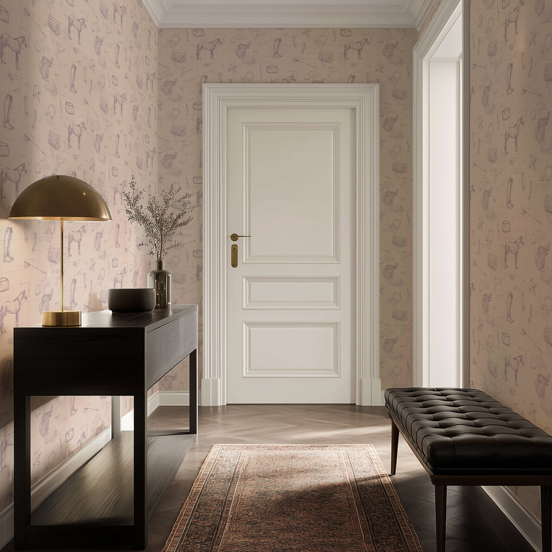 Vintage Sport Sketch Wallpaper in Lavender and Beige