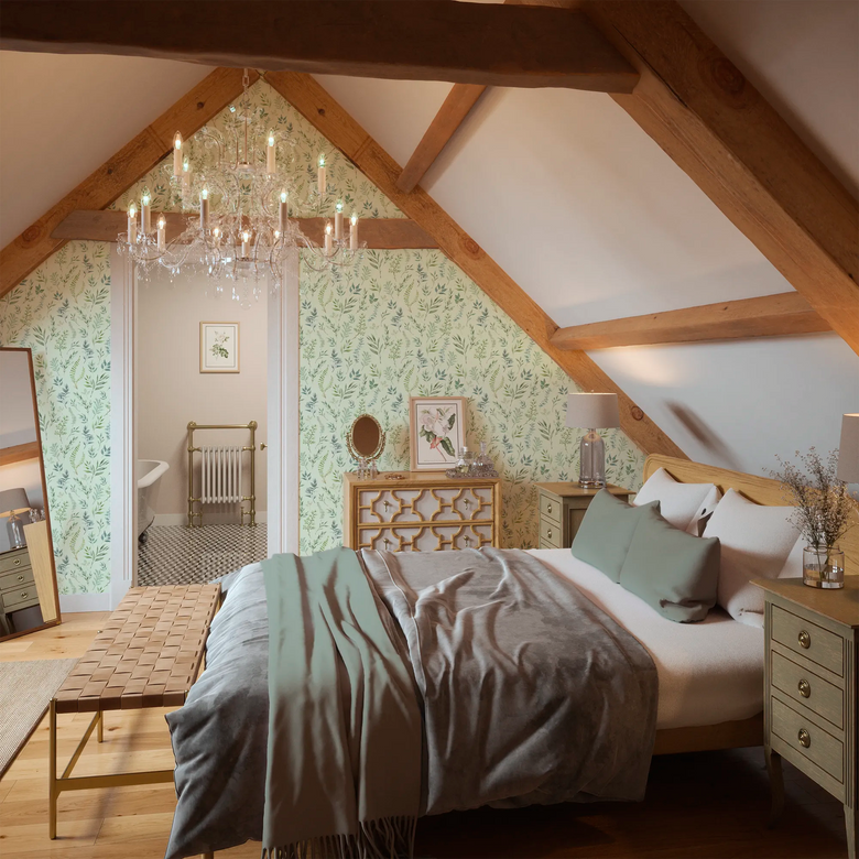 Countryside Trail Wallpaper in Blues and Greens on Mint