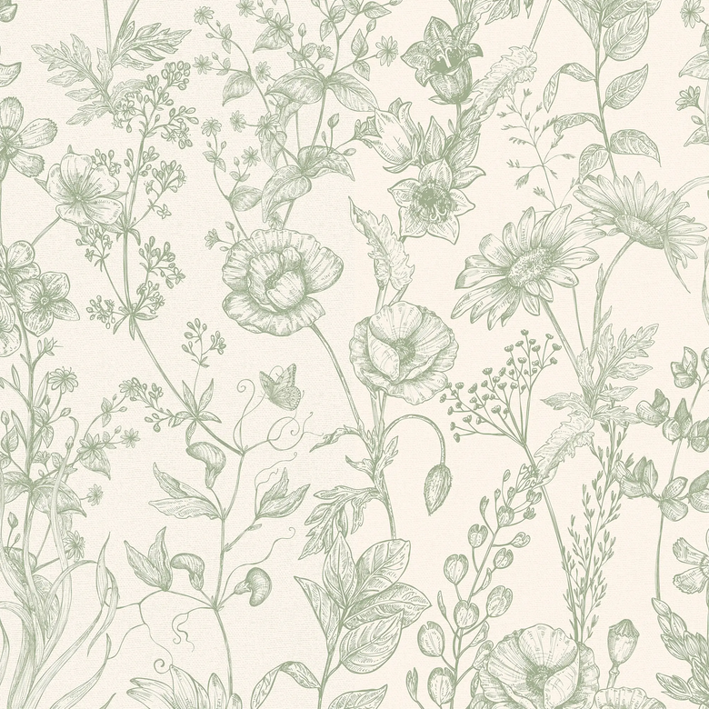 Sketched Meadow Wallpaper in Sage on Windsor Cream