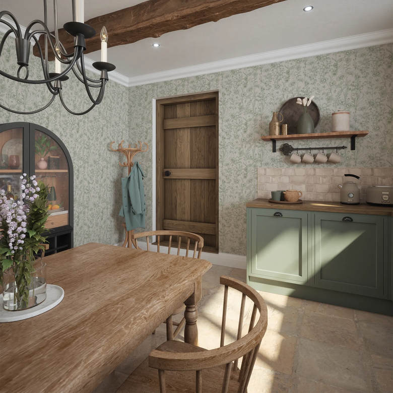 Sketched Meadow Wallpaper in Sage on Windsor Cream