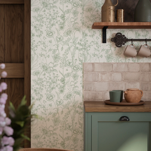 Sketched Meadow Wallpaper in Sage on Windsor Cream
