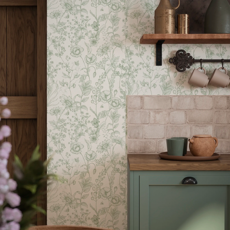 Sketched Meadow Wallpaper in Sage on Windsor Cream