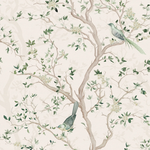 Sample of Branches and Birdsong Wallpaper in Sage on Vintage Cream