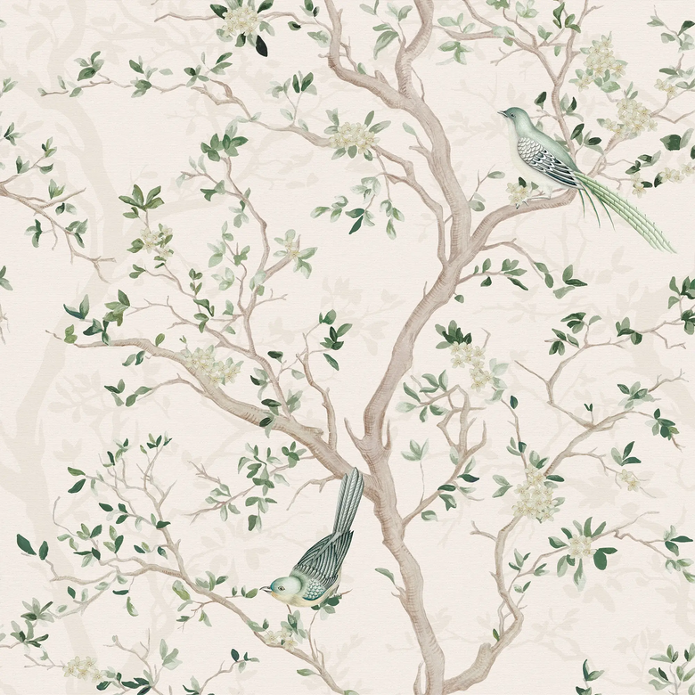 Sample of Branches and Birdsong Wallpaper in Sage on Vintage Cream