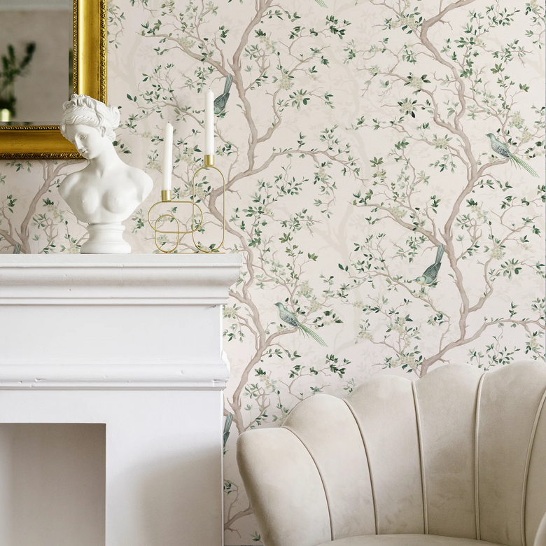Branches and Birdsong Wallpaper in Sage on Vintage Cream