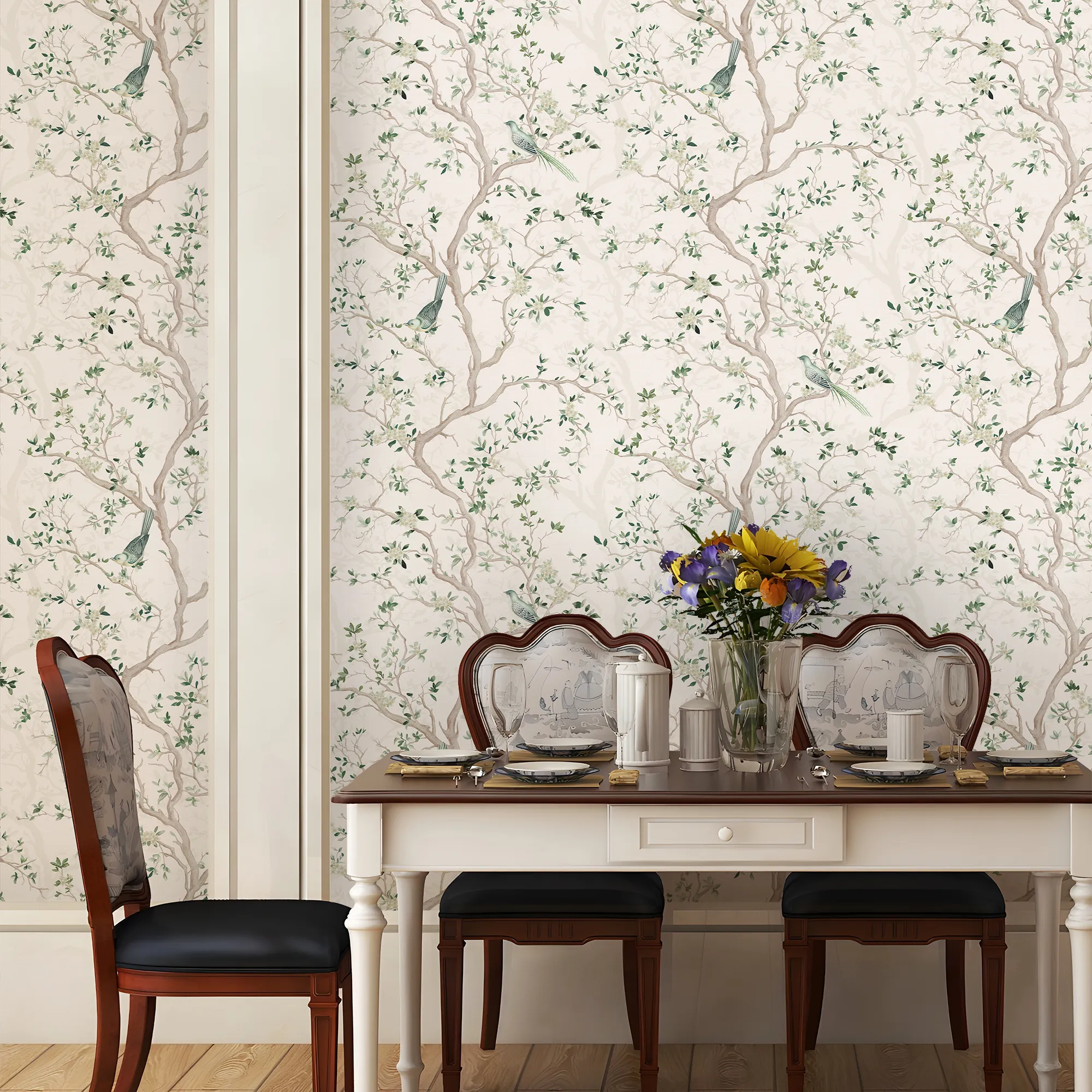 Branches and Birdsong Wallpaper in Sage on Vintage Cream