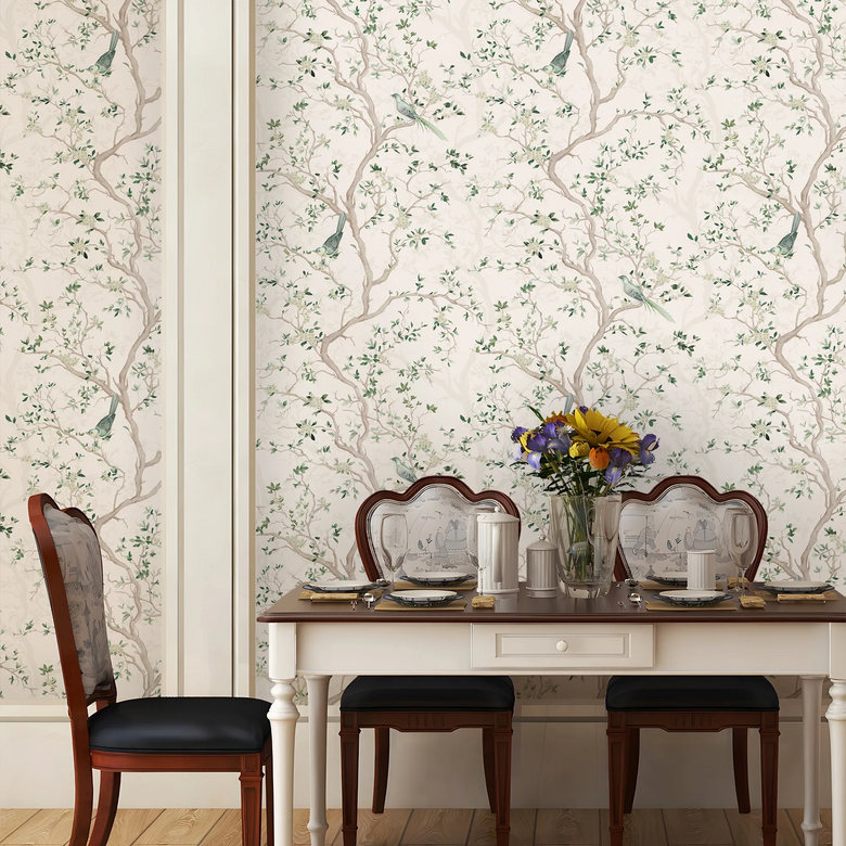 Branches and Birdsong Wallpaper in Sage on Vintage Cream