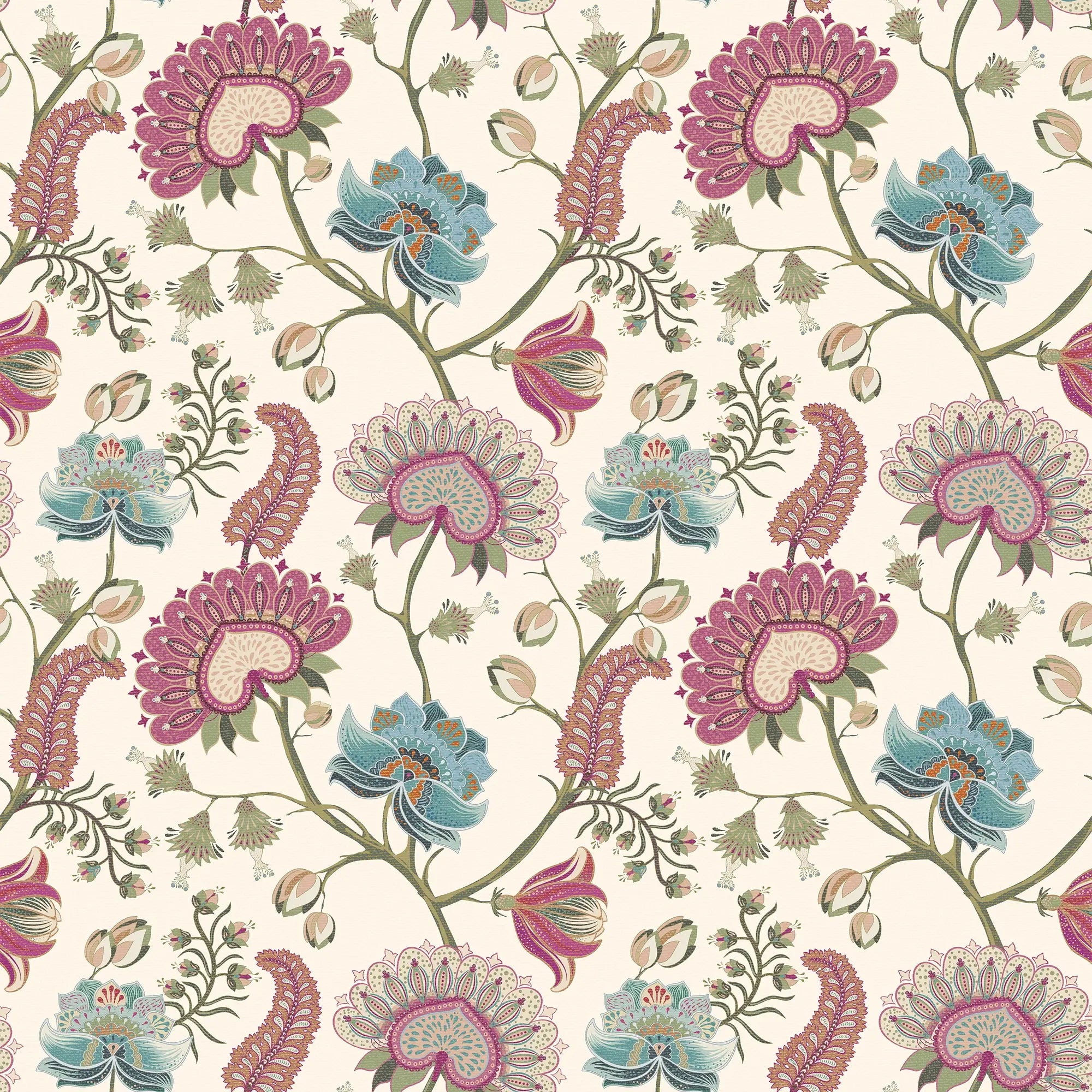 Ophelia Wallpaper in Raspberry, Blue and Linen Cream