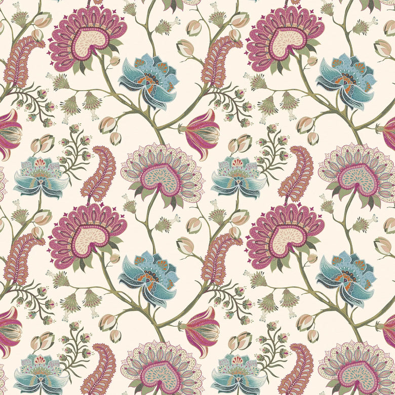 Ophelia Wallpaper in Raspberry, Blue and Linen Cream