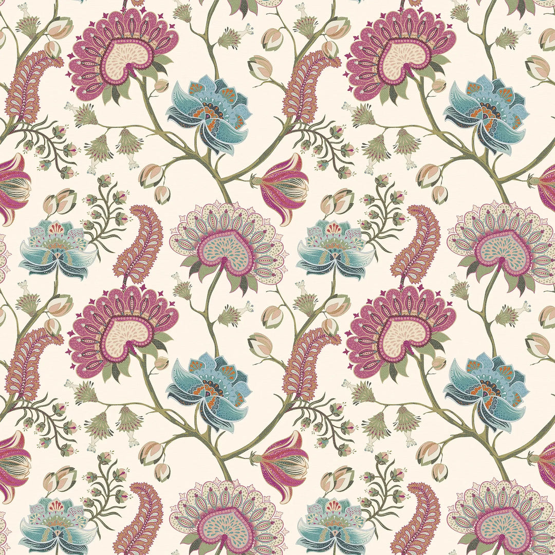 Sample of Ophelia Wallpaper in Raspberry, Blue and Linen Cream