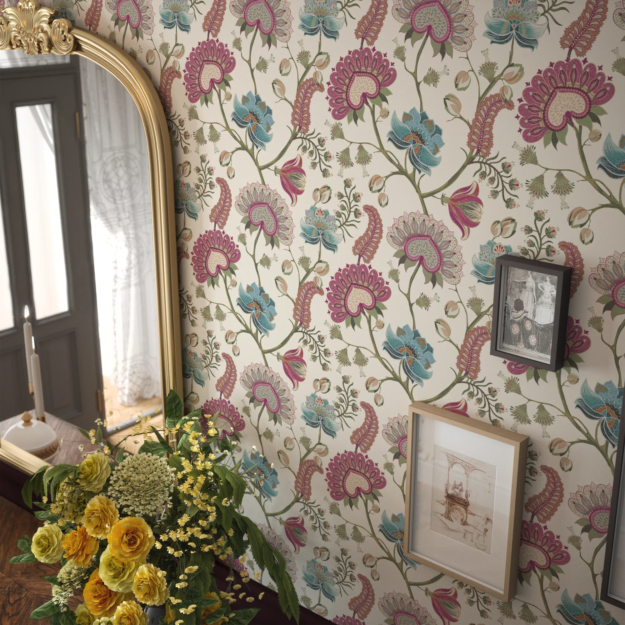 Ophelia Wallpaper in Raspberry, Blue and Linen Cream