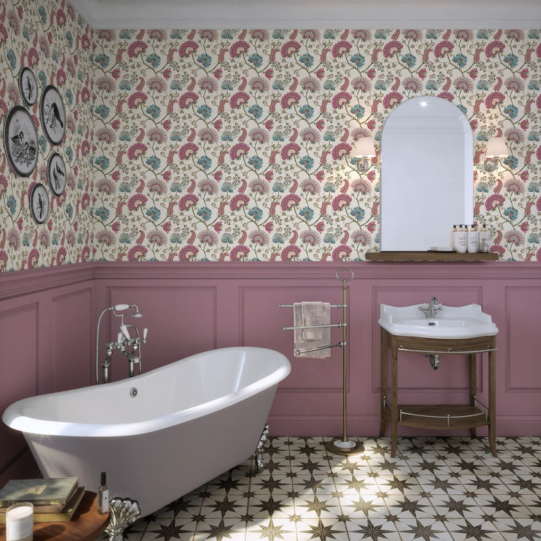 Ophelia Wallpaper in Raspberry, Blue and Linen Cream