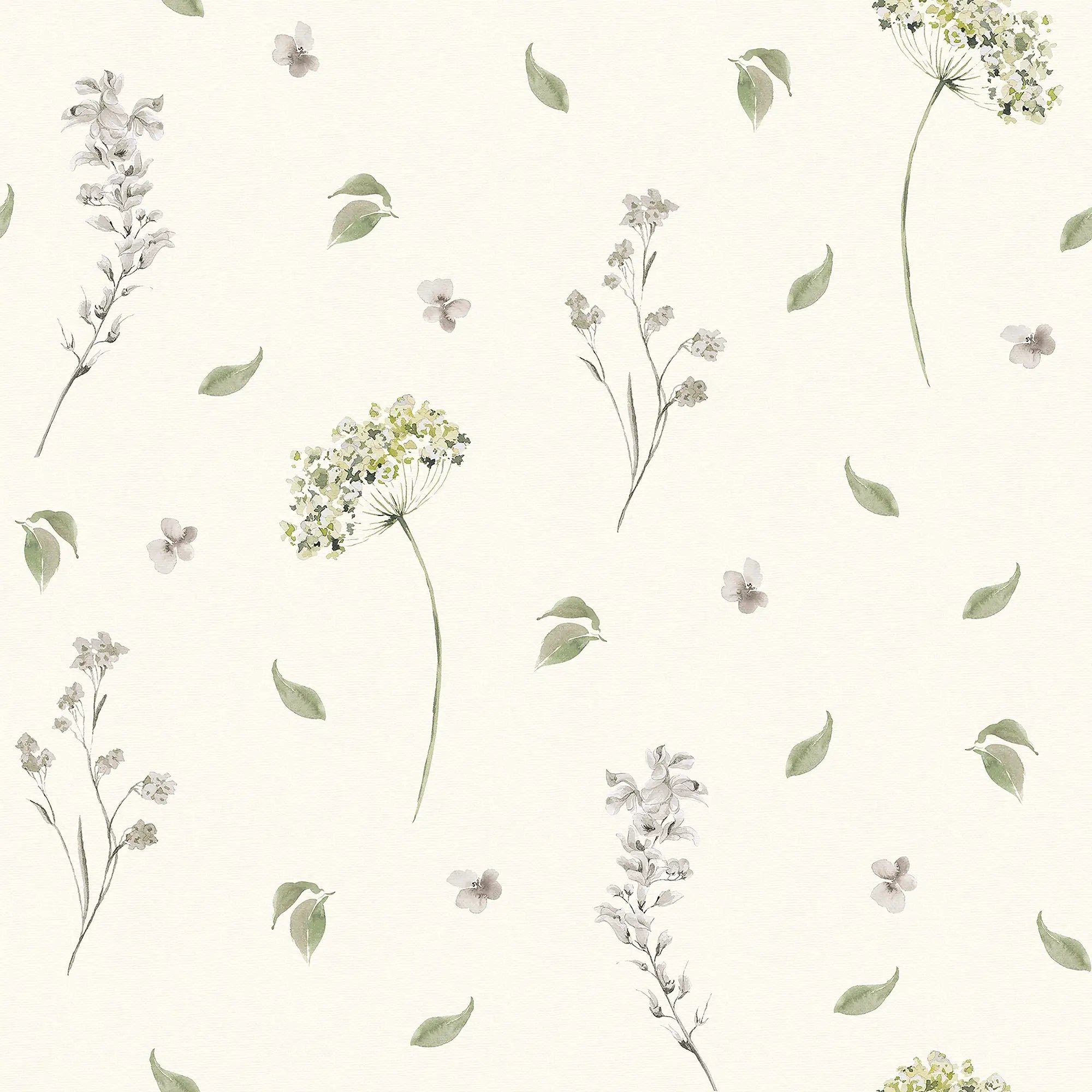Sweet Meadow Wallpaper in Sage Green on Cream
