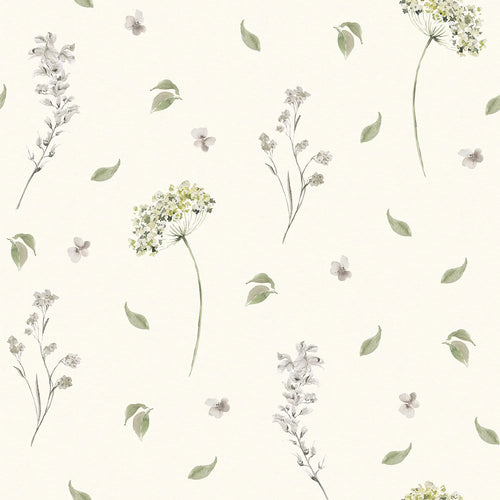 Sweet Meadow Wallpaper in Sage Green on Cream