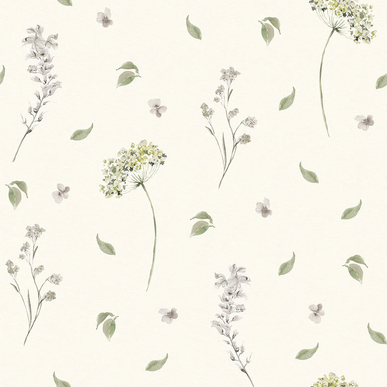Sample of Sweet Meadow Wallpaper in Sage Green on Cream