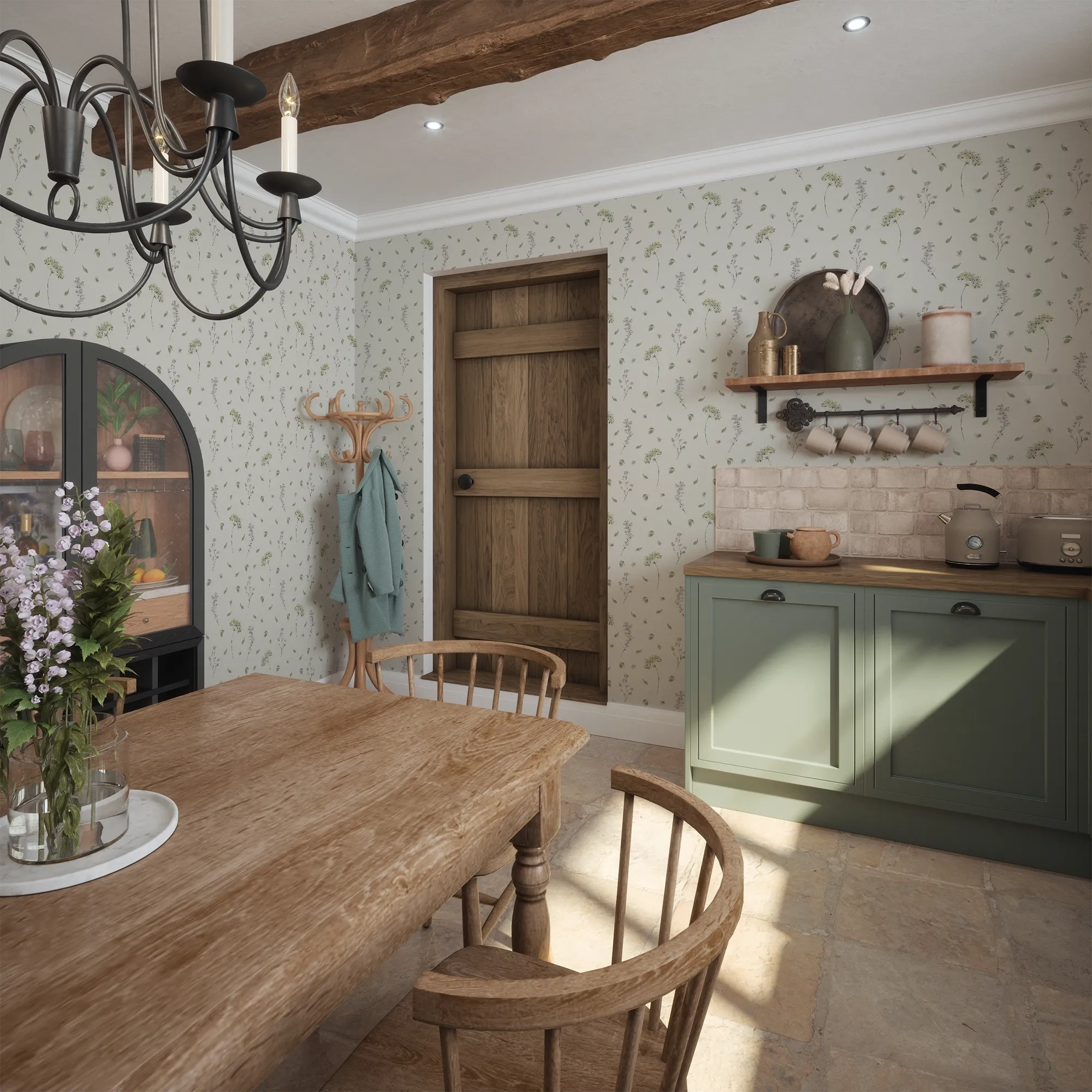 Sweet Meadow Wallpaper in Sage Green on Cream