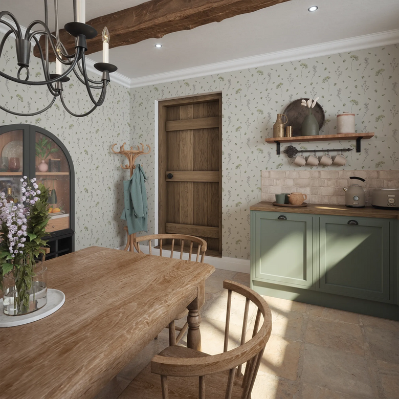 Sweet Meadow Wallpaper in Sage Green on Cream