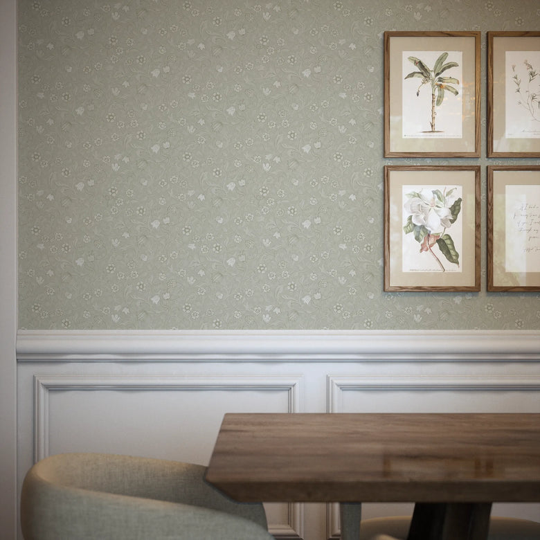Rosehill Cottage Wallpaper in Cream on Soft Sage