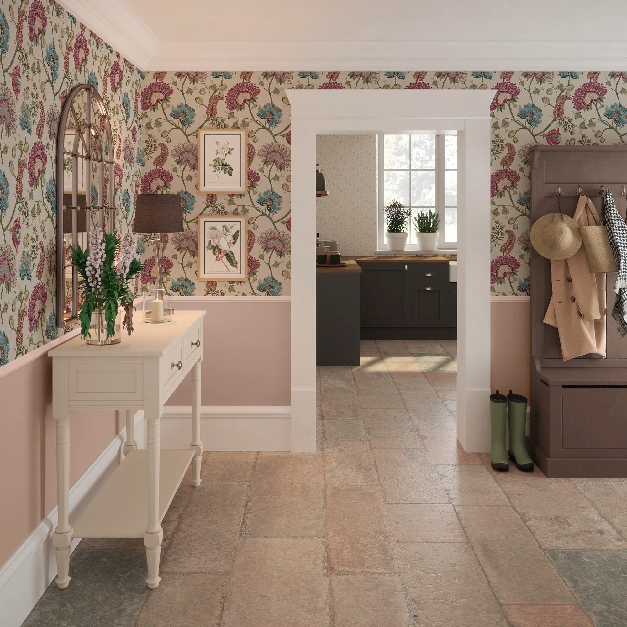 Beaumont Wallpaper in Raspberry and Blue on Linen Cream