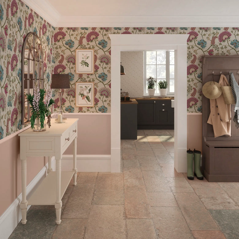 Beaumont Wallpaper in Raspberry and Blue on Linen Cream