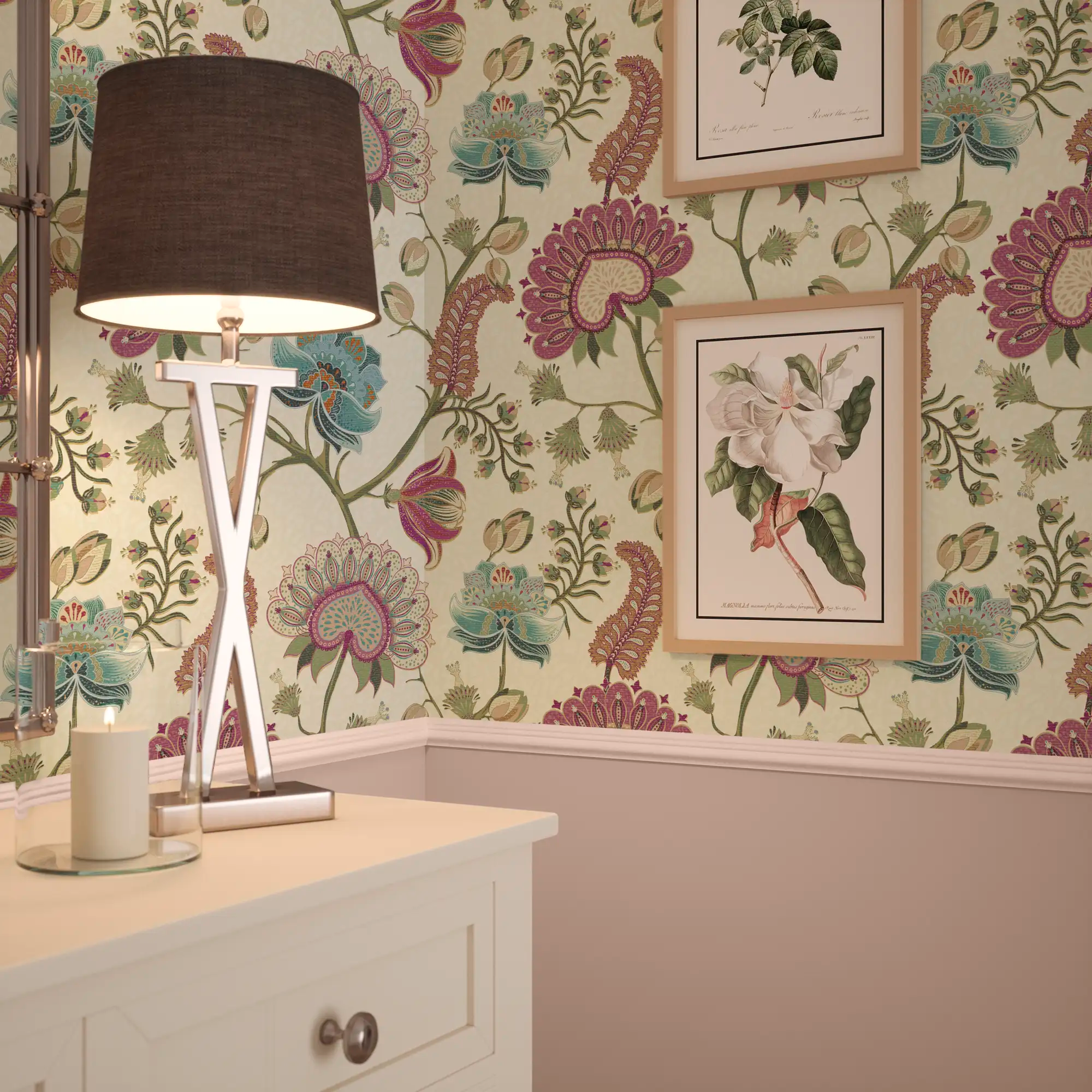 Beaumont Wallpaper in Raspberry and Blue on Linen Cream