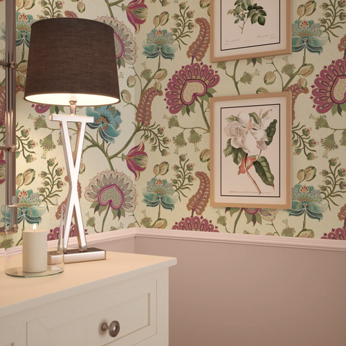 Beaumont Wallpaper in Raspberry and Blue on Linen Cream