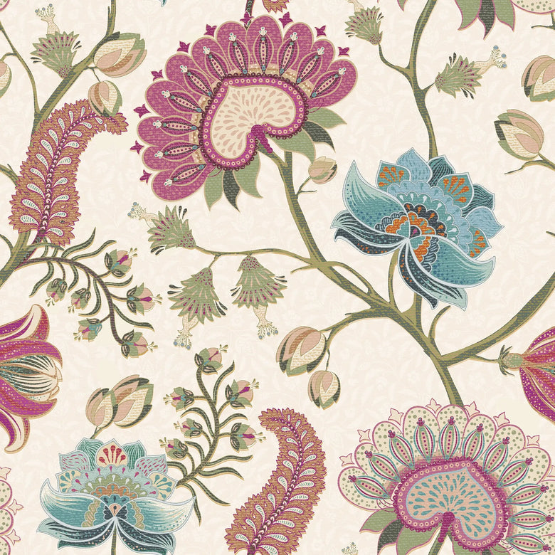 Beaumont Wallpaper in Raspberry and Blue on Linen Cream