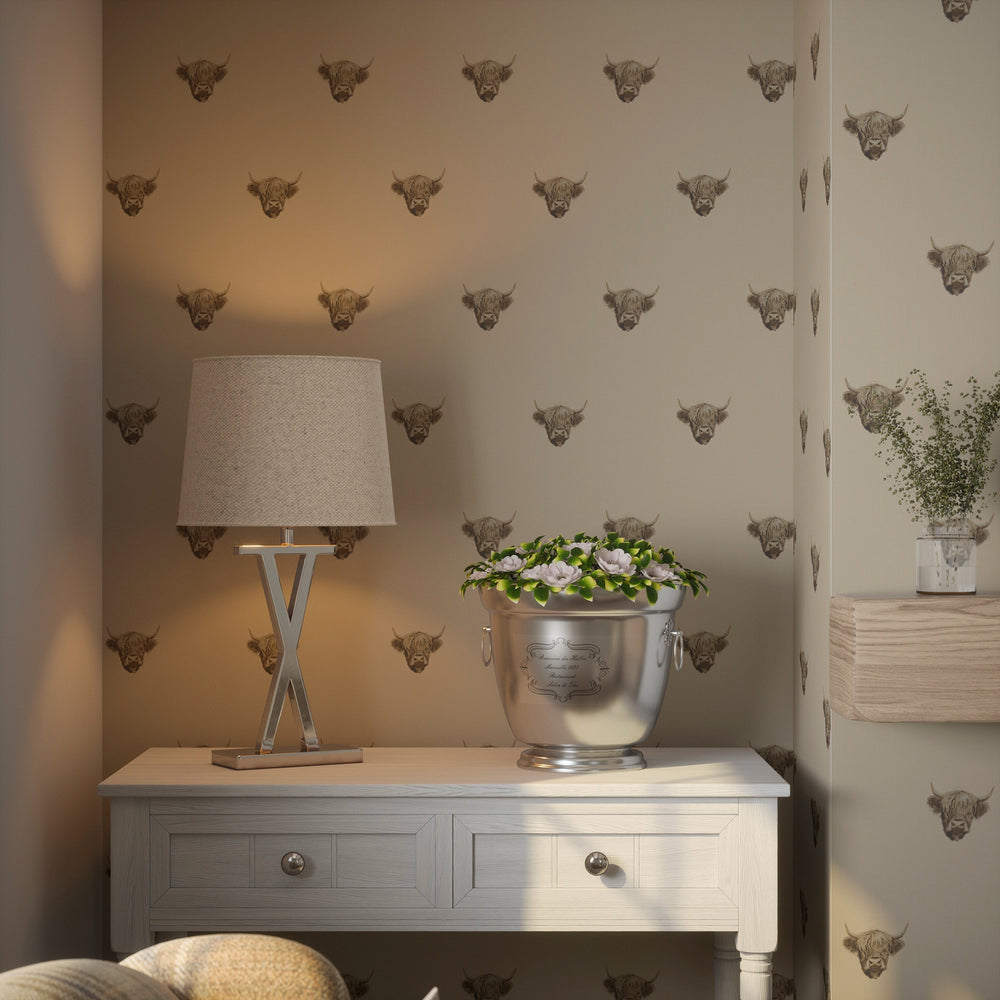 Heilan Coo Wallpaper in Mahogany on Rich Cream