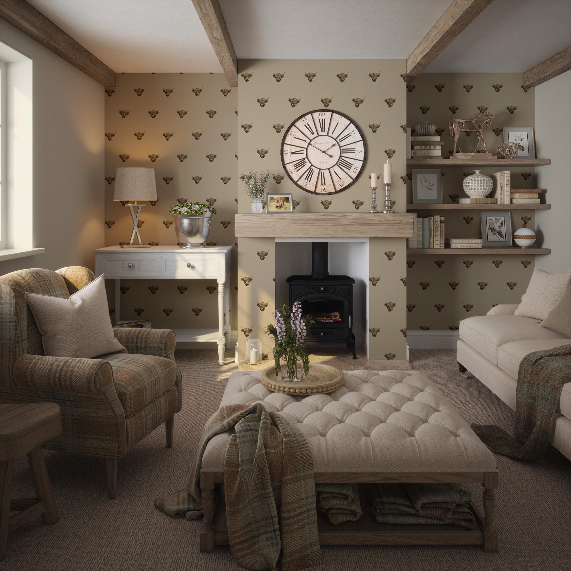 Heilan Coo Wallpaper in Mahogany on Rich Cream
