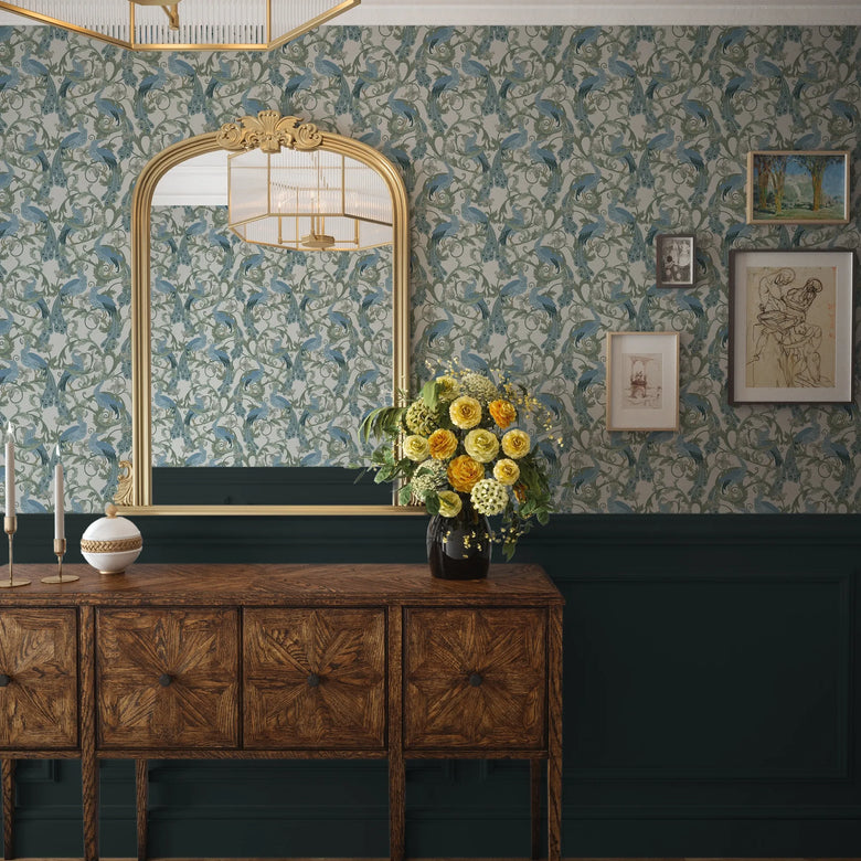 Aubrey Wallpaper in Blue and Navy on Cream