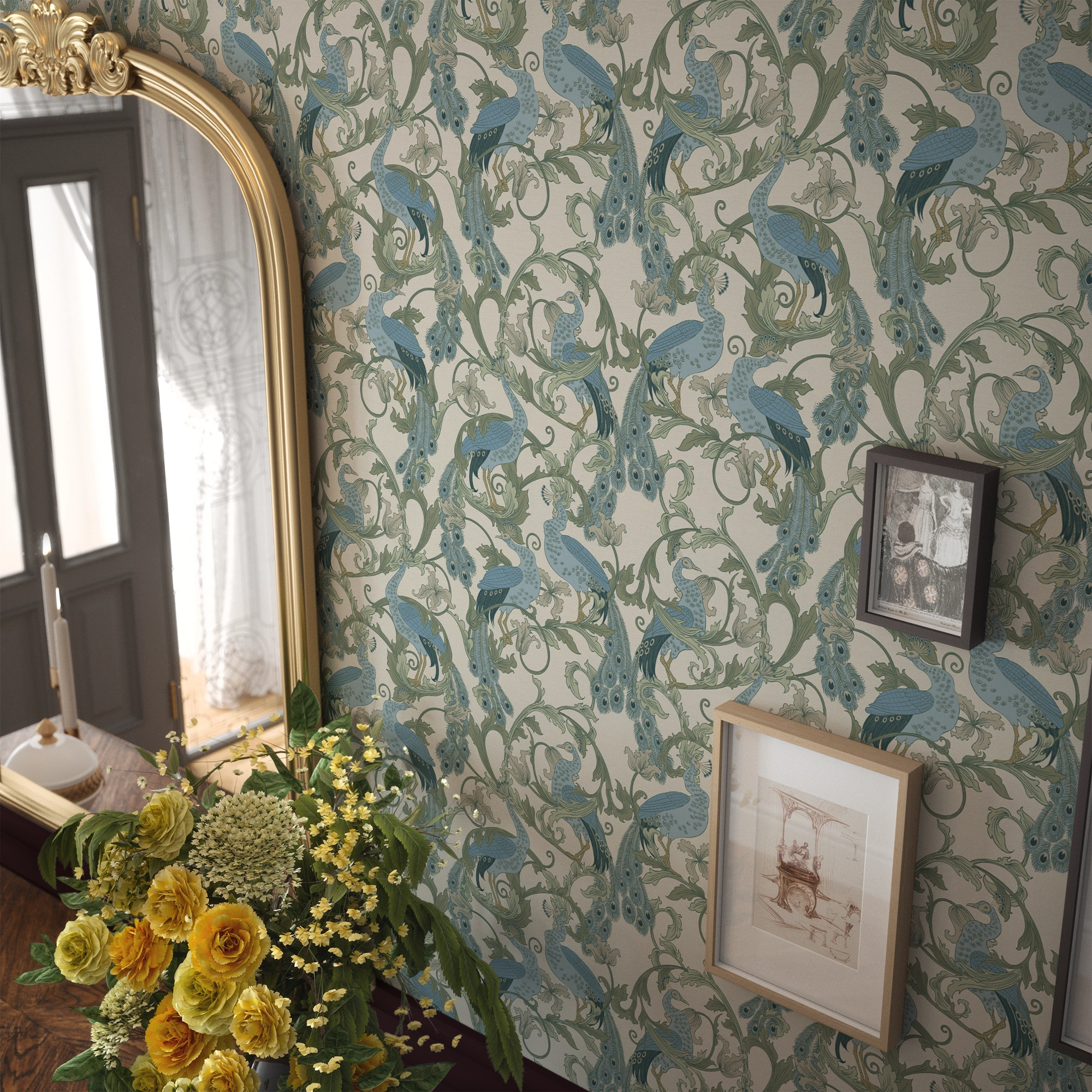 Aubrey Wallpaper in Blue and Navy on Cream