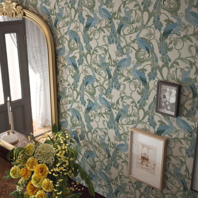 Aubrey Wallpaper in Blue and Navy on Cream