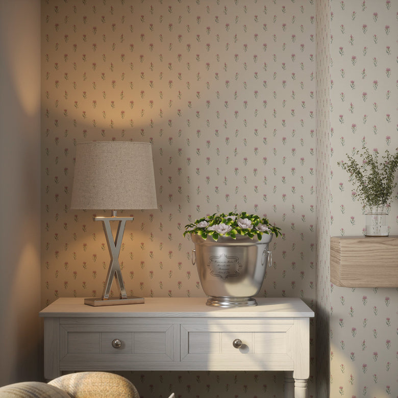 Wee Thistle Wallpaper in Soft Pink on Vintage Cream