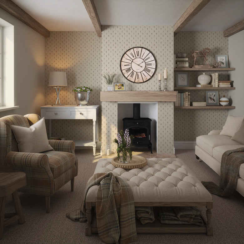 Wee Thistle Wallpaper in Soft Pink on Vintage Cream