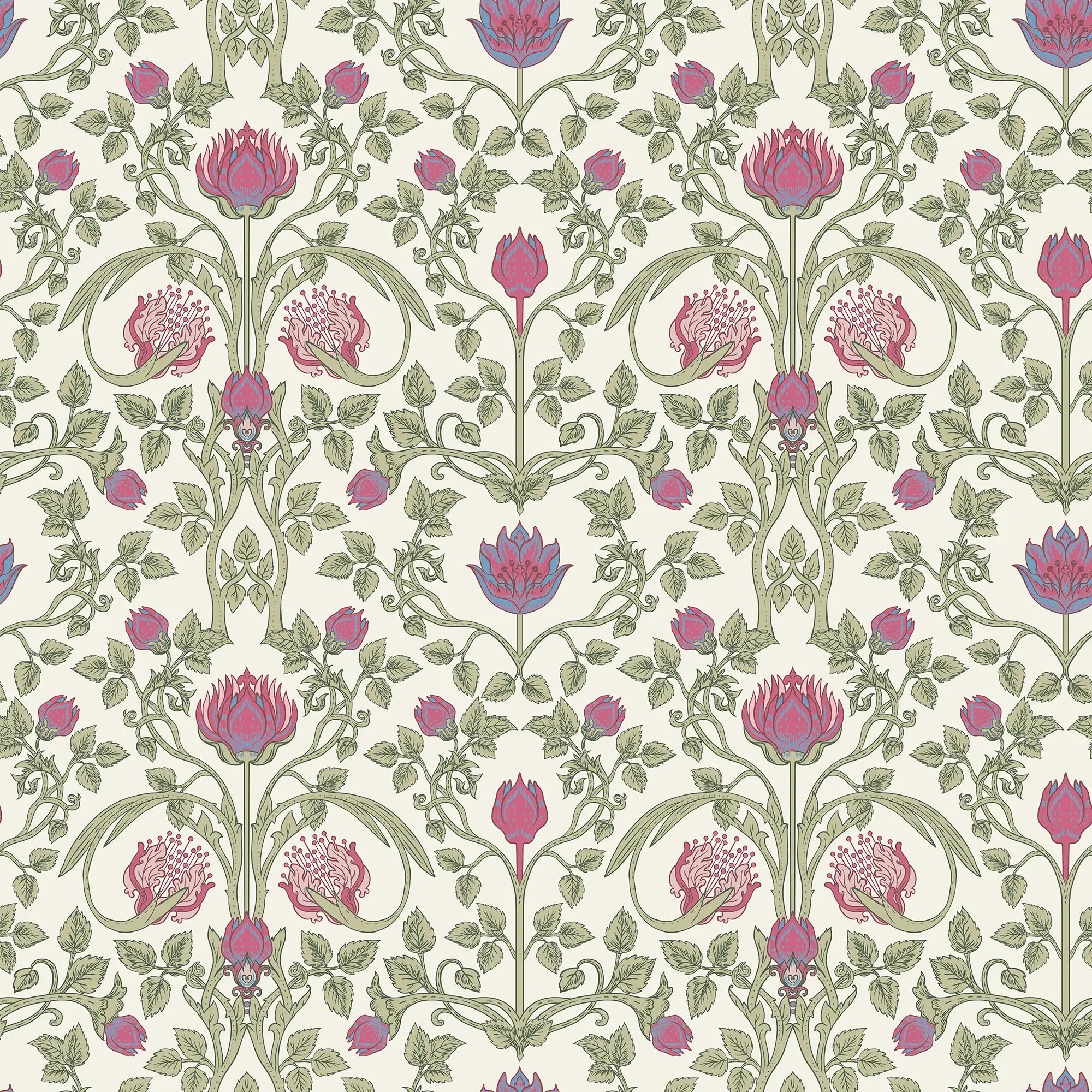 Tulip Garden Wallpaper in Raspberry and Blue on Linen Cream