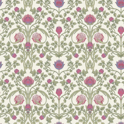 Tulip Garden Wallpaper in Raspberry and Blue on Linen Cream