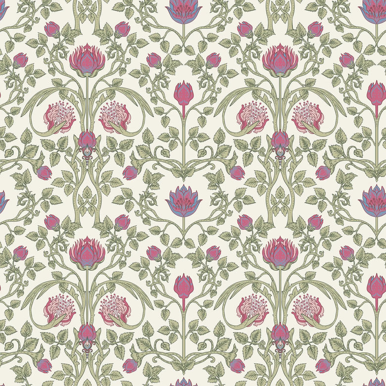 Sample of Tulip Garden Wallpaper in Raspberry and Blue on Linen Cream