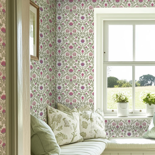 Tulip Garden Wallpaper in Raspberry and Blue on Linen Cream