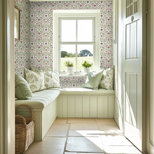 Tulip Garden Wallpaper in Raspberry and Blue on Linen Cream