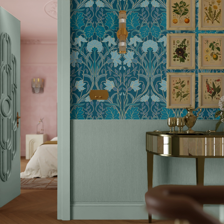 Parisienne Wallpaper in Blues on Inky Blue