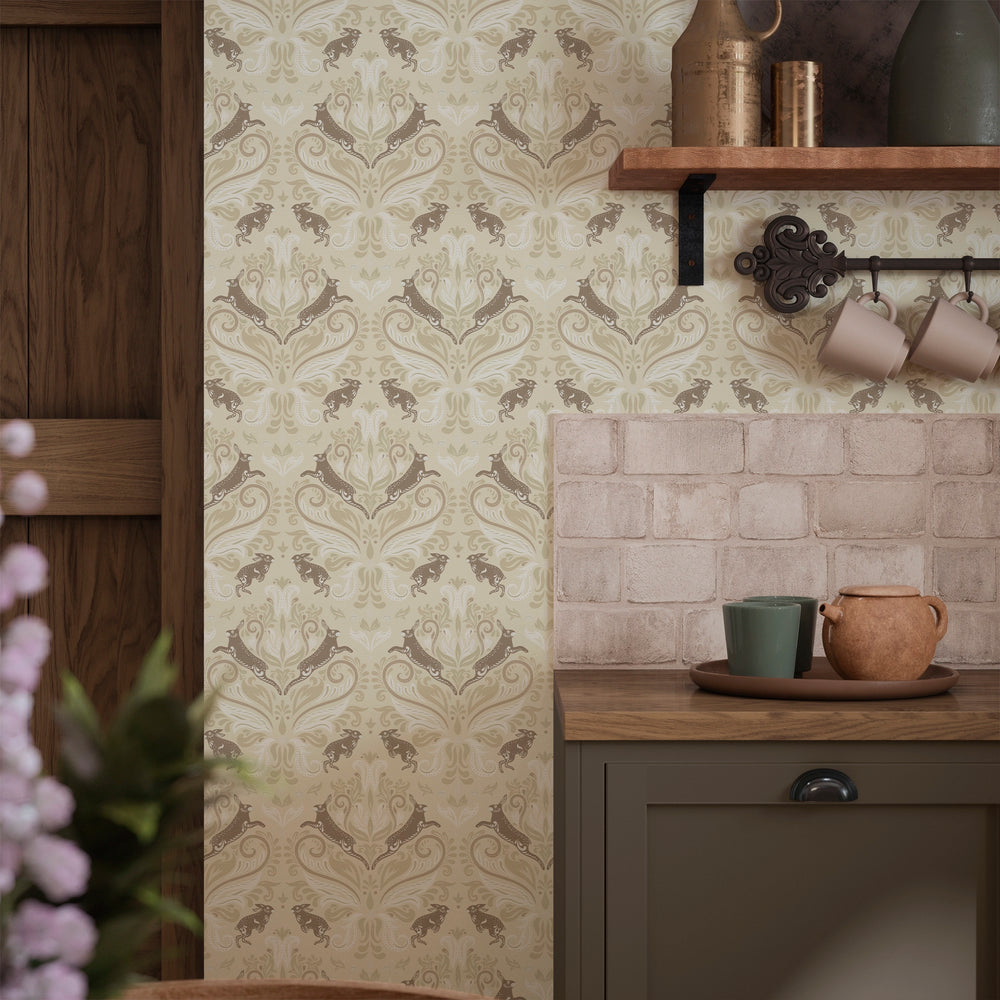 The Hopping Hare Wallpaper in Fawn Tones
