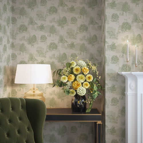 Toile De Jouy Wallpaper in Sage on Cream