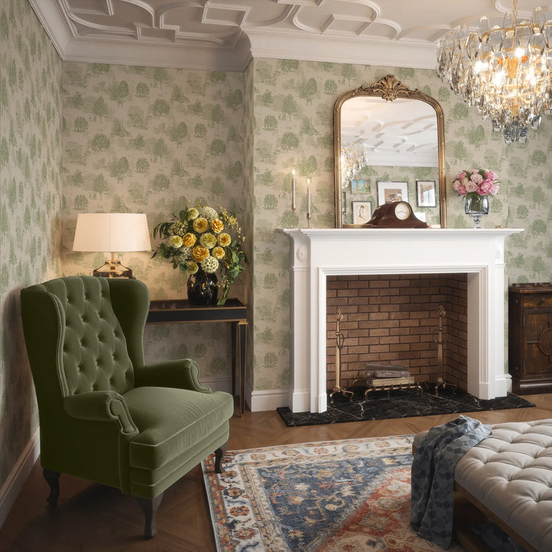 Toile De Jouy Wallpaper in Sage on Cream