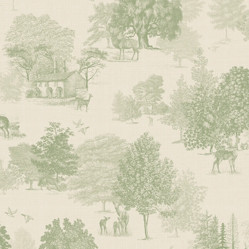 Toile De Jouy Wallpaper in Sage on Cream